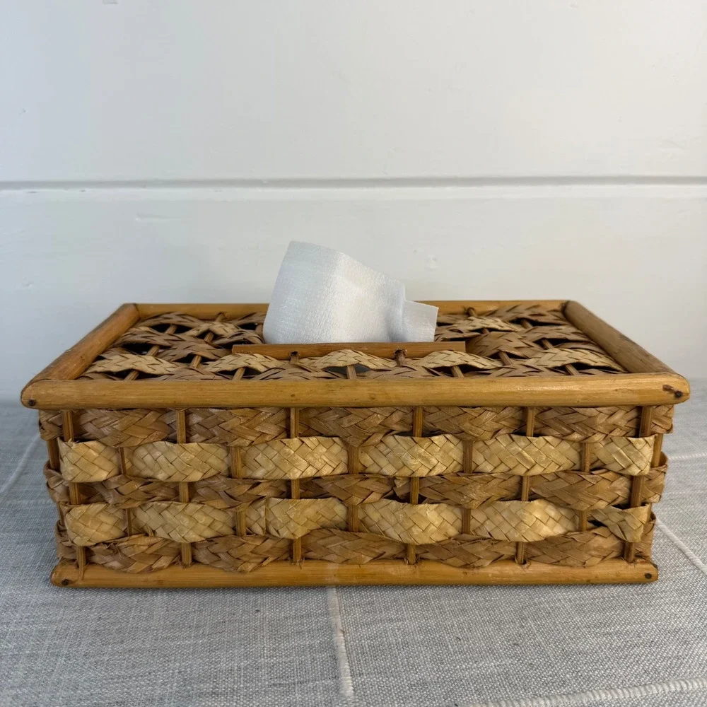 Woven Wicker Rectangle Tissue Box Cover Boho Cottagecore Coastal Decor
